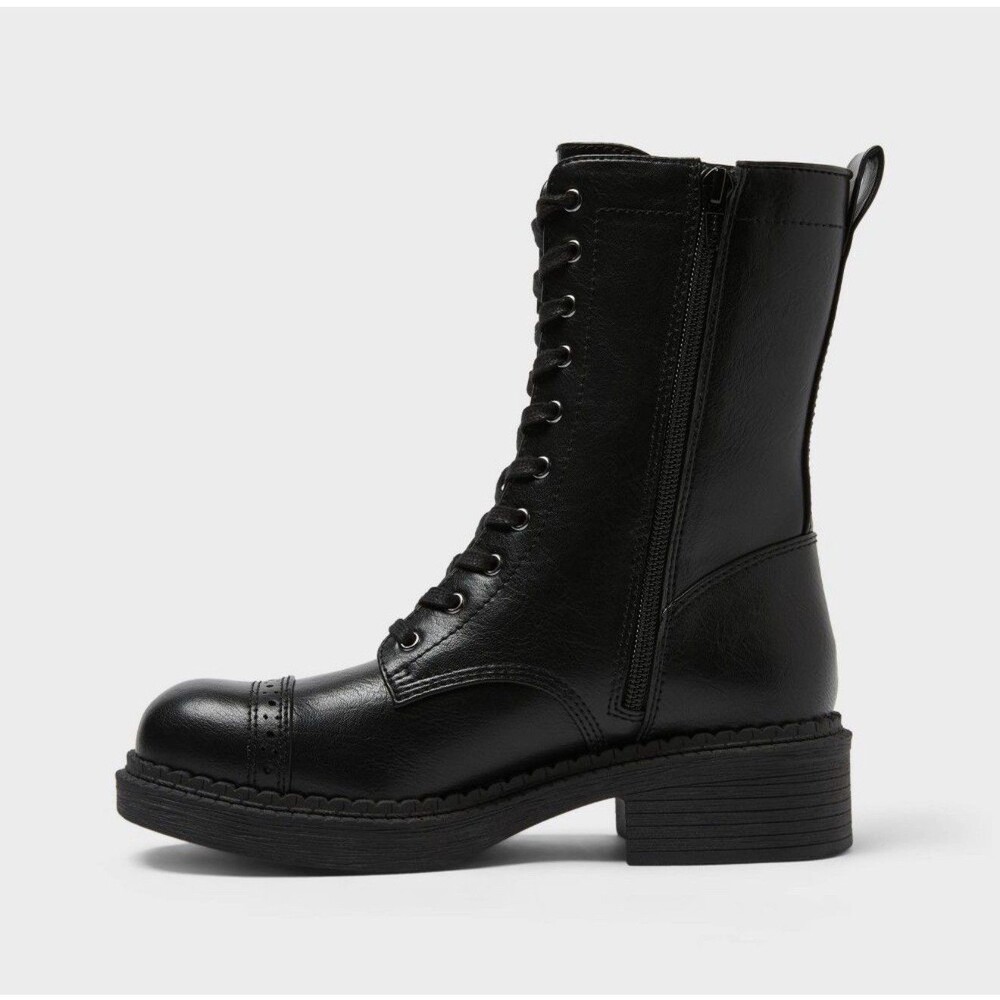 Wild Fable Black Lace Up Combat Boots Side Zip Brogue Cap Toe Womens 6 NEW - Picture 2 of 9